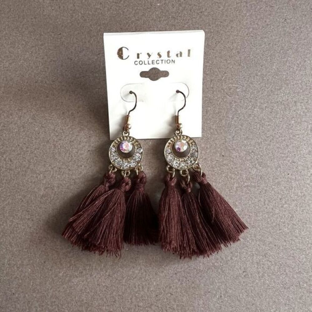 CRYSTAL COLLECTION Brown Tassel Earrings Bohemian Boho Drop Crystal Earrings - Picture 3 of 9